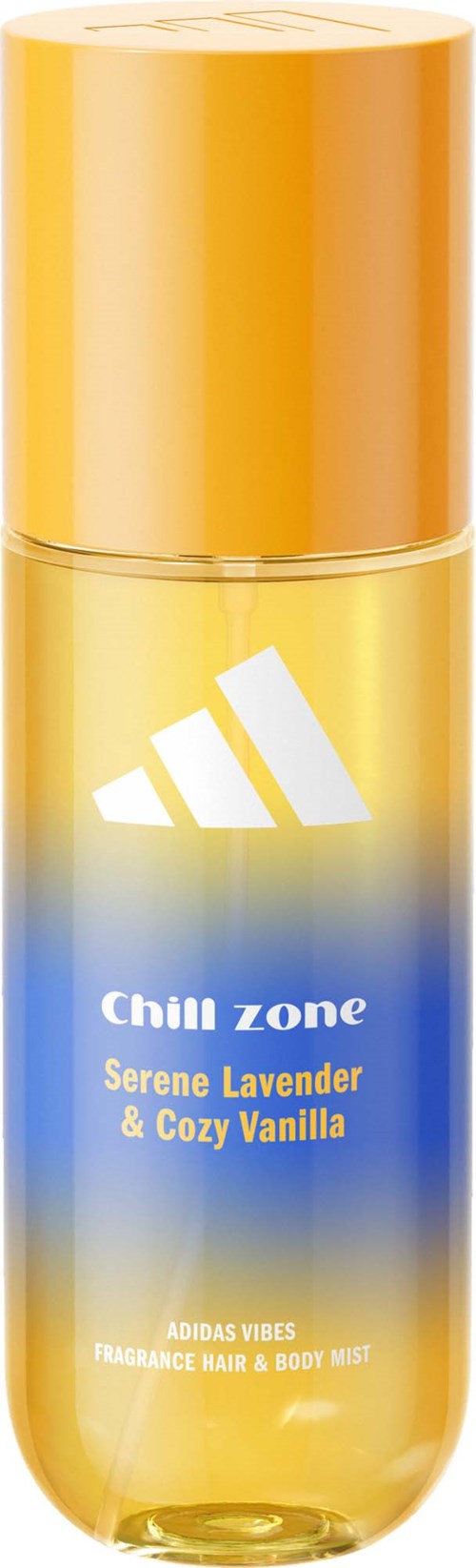 Ein Sprayflasche mit Chill Zone Etikett, Lavendel- und Vanillegeschmack, mit goldener Kappe und blauer und gelber Gestaltung.