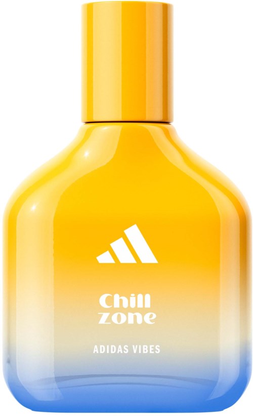 Een geel en blauw gradientfles met het Adidas-logo en de woorden 'Chill zone' en 'Adidas Vibes'.
