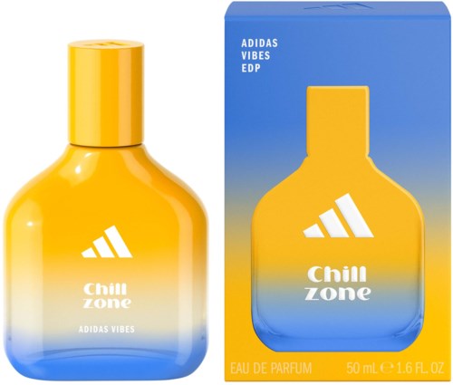 Een gele en blauwe parfumfles met 'Chill Zone' en 'Adidas Vibes' op de doos, 50 ml.