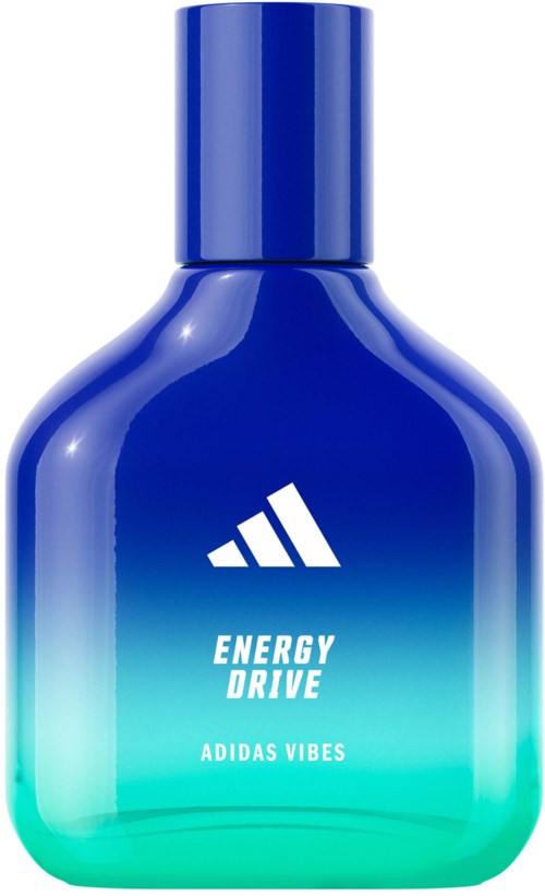 Een blauw-groene kleurverloop fles met tekst 'Energy Drive Adidas Vibes'. Het heeft een dop en Adidas-logo.