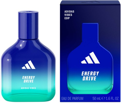Blauwe en groene parfumfles en doos met witte en blauwe tekst, gemerkt Adidas Energy Drive, 50 ml.