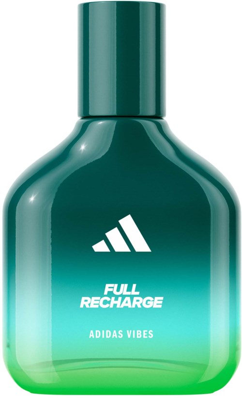 Een azure fles met de woorden 'Full Recharge' van Adidas Vibes met witte tekst en zwarte dop.