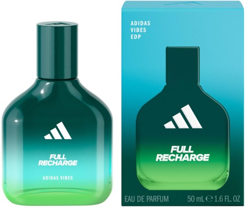 Een groen en blauw parfumflesje met het Adidas-logo en de tekst "Full Recharge" en "Adidas Vibes."