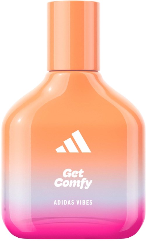 Een fles met een roze-naar-oranje gradient, met Adidas-logo en tekst: "Get Comfy" en "Adidas Vibes."