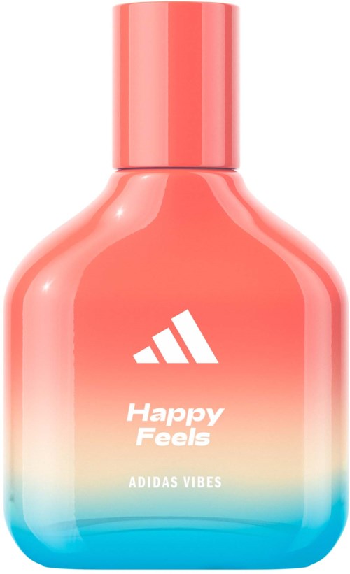 Een parfumfles met een roze en blauwe verloopkleuren, Adidas-logo en de woorden "Happy Feels" en "Adidas Vibes."