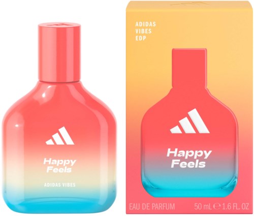 Een kleurrijke parfumfles met roze, geel en blauwe gradient, naast de doos. De fles heeft het Adidas-logo en de woorden "Happy Feels."