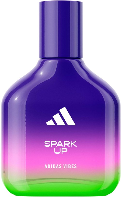 En lila flaska med en gradient från rosa till grönt längst ner, med Adidas-logga och text för 'Spark Up' och 'Adidas Vibes.'