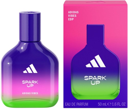 En lila och grönt parfymflaska med en matchande rosa och lila förpackning. Flaskan säger 'Spark Up' och 'Adidas Vibes.'