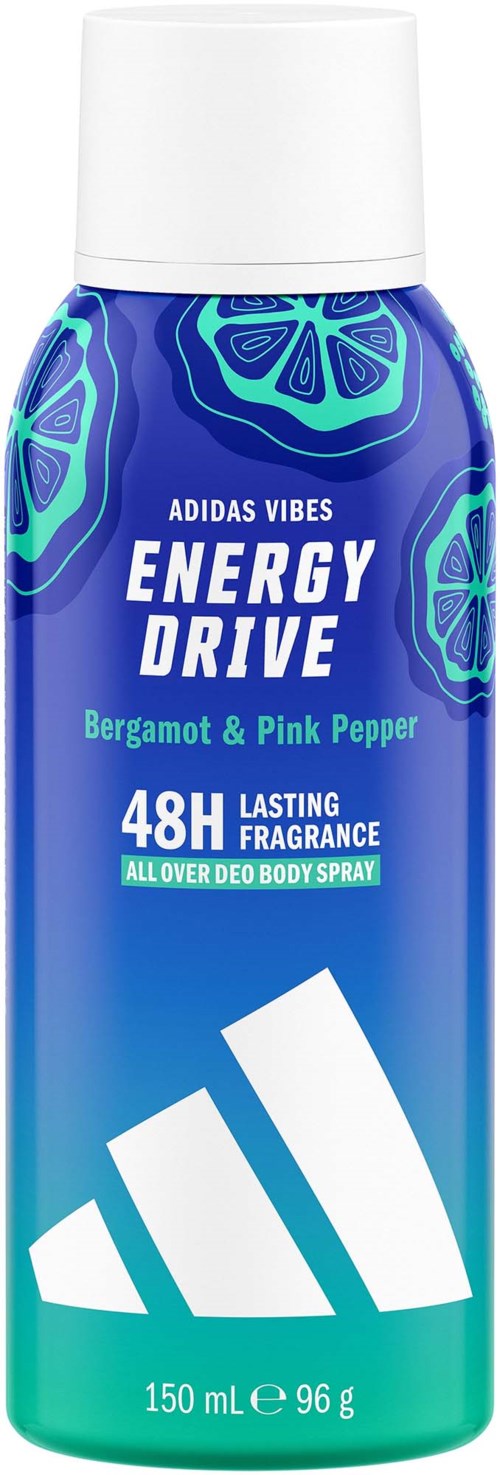 This is a blue body spray can with green and white accents, labeled Adidas Energy Drive with bergamot and pink pepper scent.