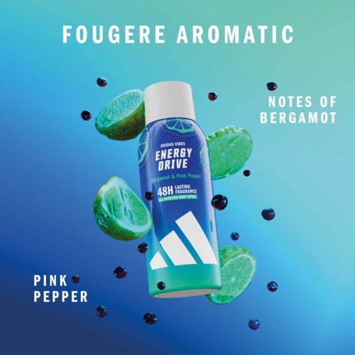 A blue and white deodorant spray can surrounded by bergamot slices and black peppercorns. Text highlights fragrance notes and lasting freshness.