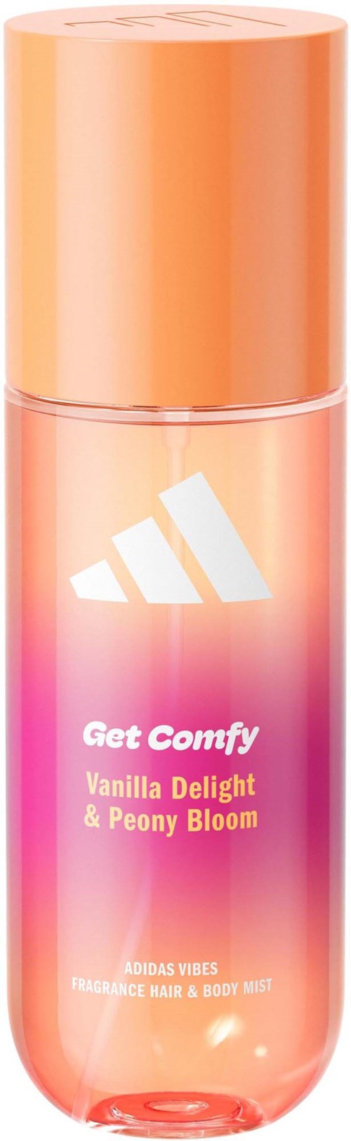 Eine rosa-orange Flasche mit weißem Adidas-Logo und Text für Vanille-Duft.