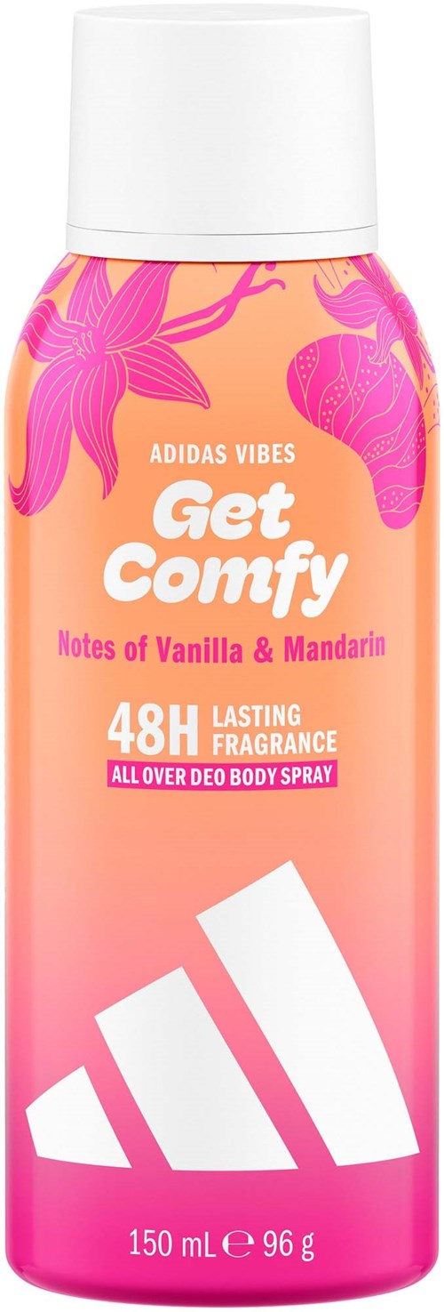 En sprayflaska med rosa och orange färger, med blommor och text om deodorant som håller i 48 timmar.