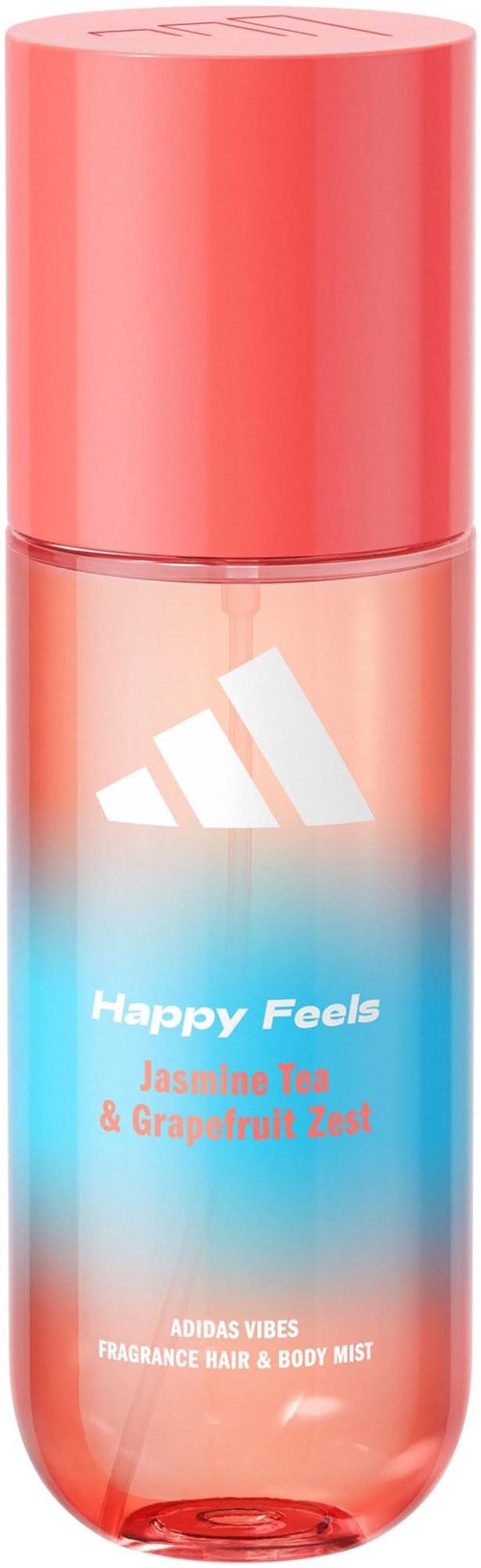 Lange, pinke und blaue Sprayflasche mit Adidas-Logo, beschriftet Happy Feels Jasmine Tea. Duft für Haar und Körper.