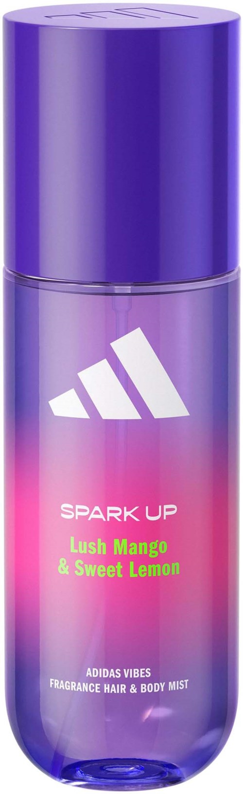 Eine lila Sprühflasche mit Adidas-Logo und hellpinkem Etikett, auf dem steht Spark Up Lush Mango und Sweet Lemon.