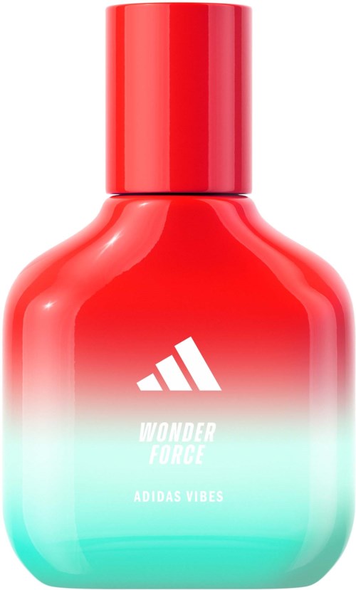 Pullo, jonka värit ovat punaista ja vaaleansinistä, Adidas-logo ja teksti Wonder Force Adidas Vibes.