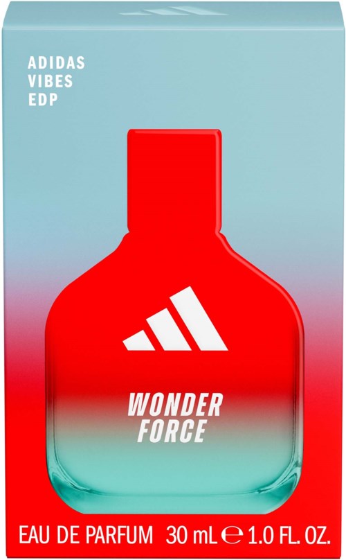 Punainen ja turkoosi Adidas Wonder Force hajuvesipullo, jossa valkoinen logo ja teksti pakkauksessa.
