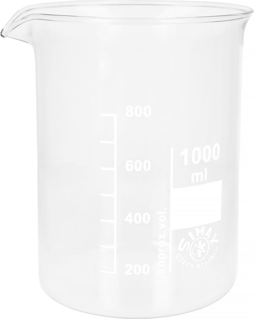 Ein klarer Kunststoff-Messbecher mit Markierungen von 200 bis 1000 ml und einem Ausguss.