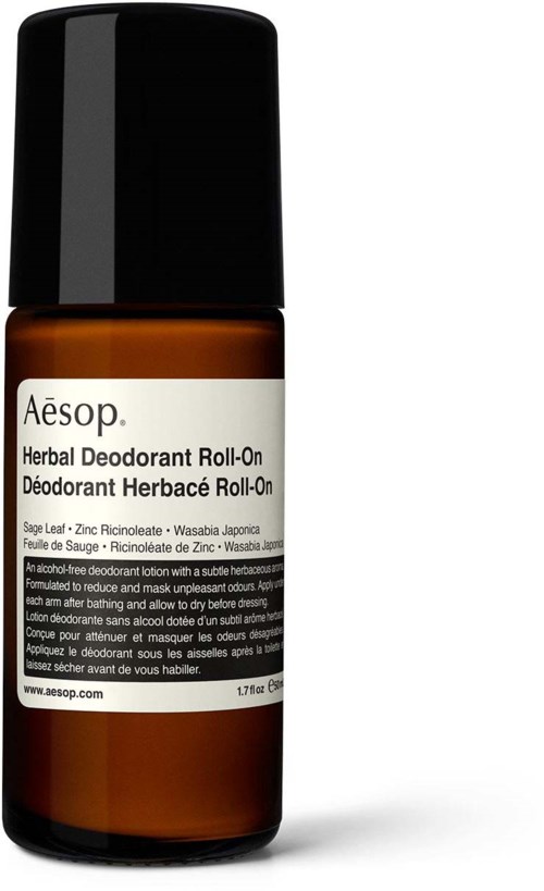 Aesop Kräuter-Deodorant Roll-On in brauner Flasche mit schwarzem Deckel.