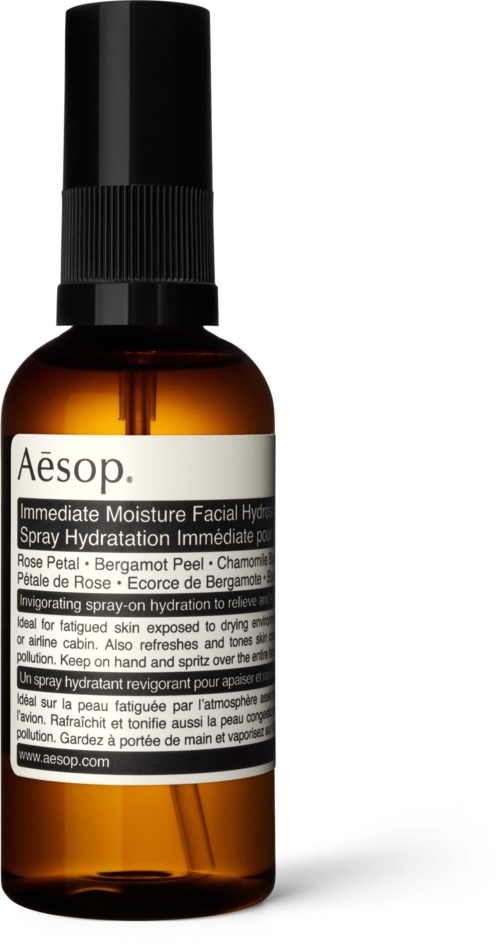 Kleine braune Sprayflasche mit schwarzem Deckel und weißem Etikett für Aesop Gesichtsdampfspray.