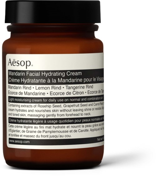 Aesop Mandarin Facial Hydrating Cream mit Inhaltsstoffen wie Hagebuttenkern, Grapefruitkern und Karotte für die tägliche Hautfeuchtigkeit.