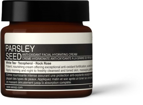Ein Glas mit Gesichtscreme 'Parsley Seed Anti-Oxidant Facial Hydrating Cream', Inhaltsstoffe wie Weißer Tee und Rosenrose.
