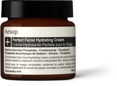 Aesop Perfekte Gesichtsfeuchtigkeitscreme in Glas mit schwarzem Deckel und weißem Etikett. Beschreibt Inhaltsstoffe und Zweck.