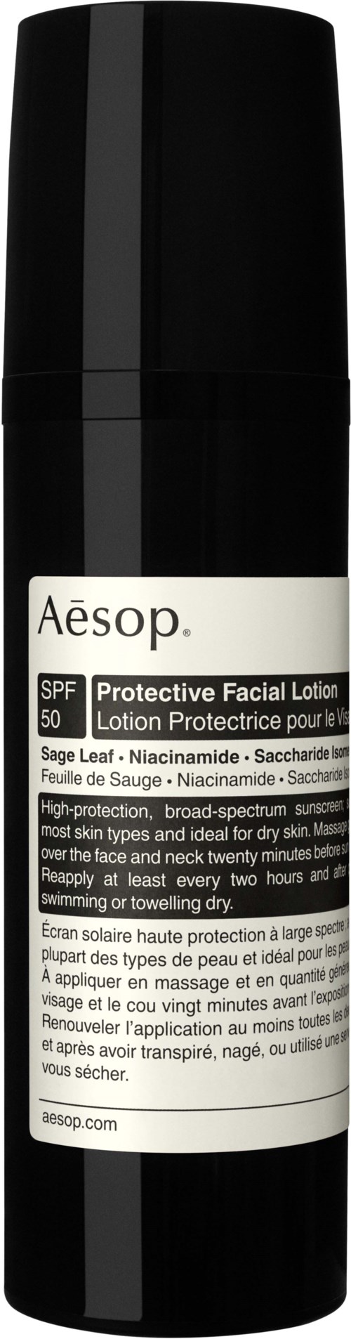 Aesop Gesichtslotion mit SPF 50 und Beschreibungstext zu Anwendung und Schutz.