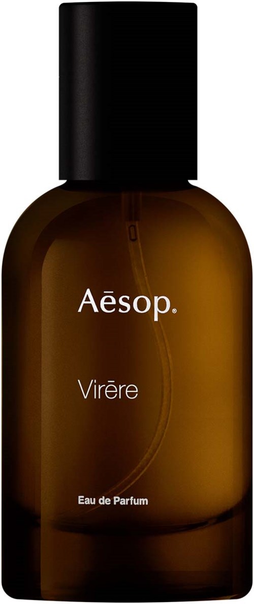 Eine braune Flasche mit schwarzem Deckel und weißen Text, beschriftet 'Aesop. Virère. Eau de Parfum.'