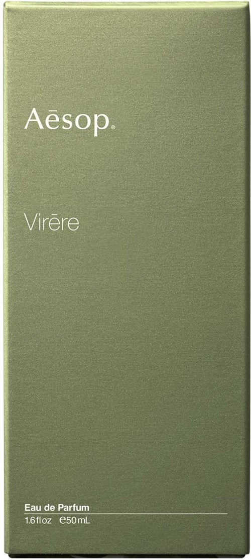 Eine grüne Parfümbox mit weißem Text, zeigt Aesop Virère Eau de Parfum, 50ml.