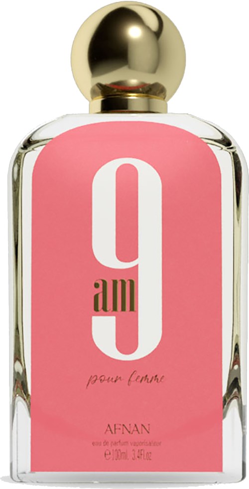 Een parfumfles met roze label die '9 am' zegt en een gouden dop.