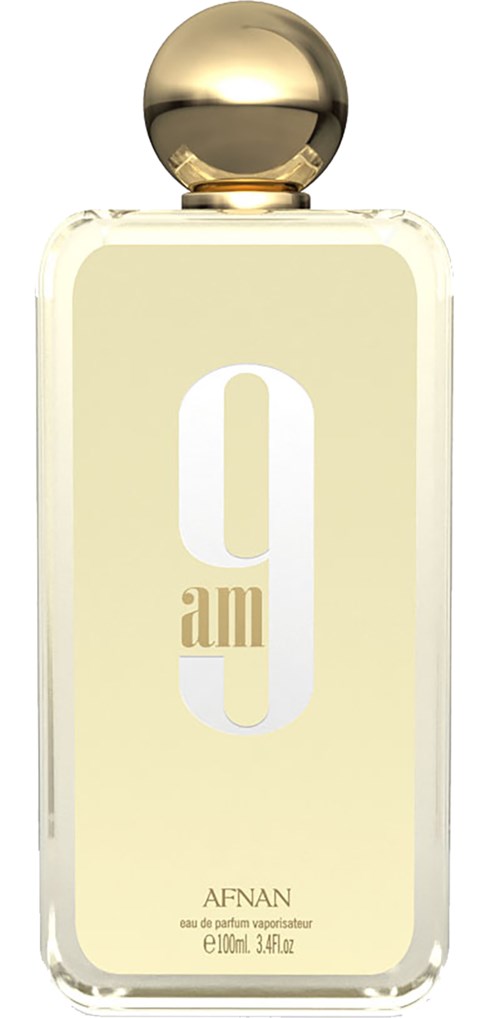 Een parfumfles met een gouden dop, doorzichtig lichaam en een label met grote '9 am' tekst.