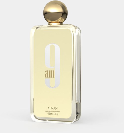 Een parfumfles, grotendeels doorzichtig met een gouden boldop, gelabeld '0 am' en 'AFNAN'.