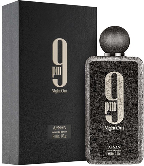 Parfummalja ja rasia merkinnällä "9 PM Night Out" valmistajalta AFNAN, musta ja harmaa design, elegantti ja tyylikäs.