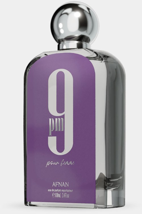 Een parfumfles met een paarse label en zilveren dop, gelabeld "9 pm pour femme" en "AFNAN."