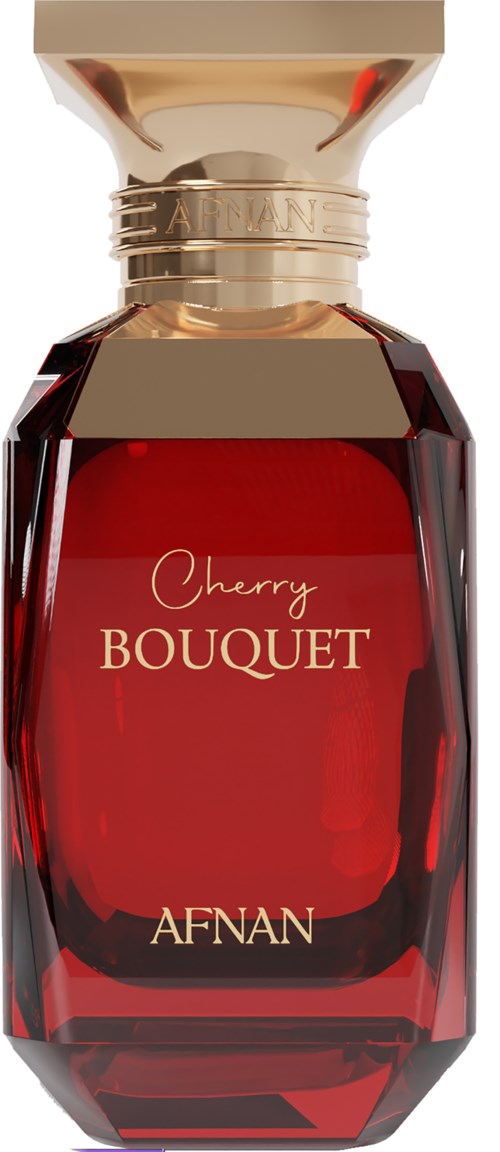 Een rode parfumfles met de tekst 'Cherry Bouquet AFAN' en een glanzende gouden dop.