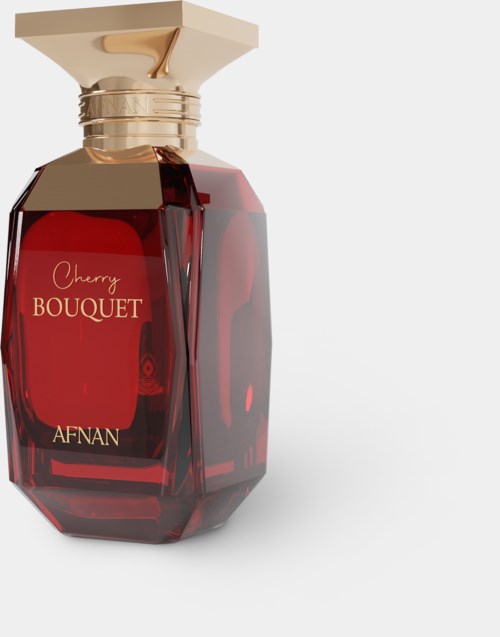 Een rood parfumflesje met een beige en gouden dop, gelabeld 'Cherry Bouquet' door Afnan.