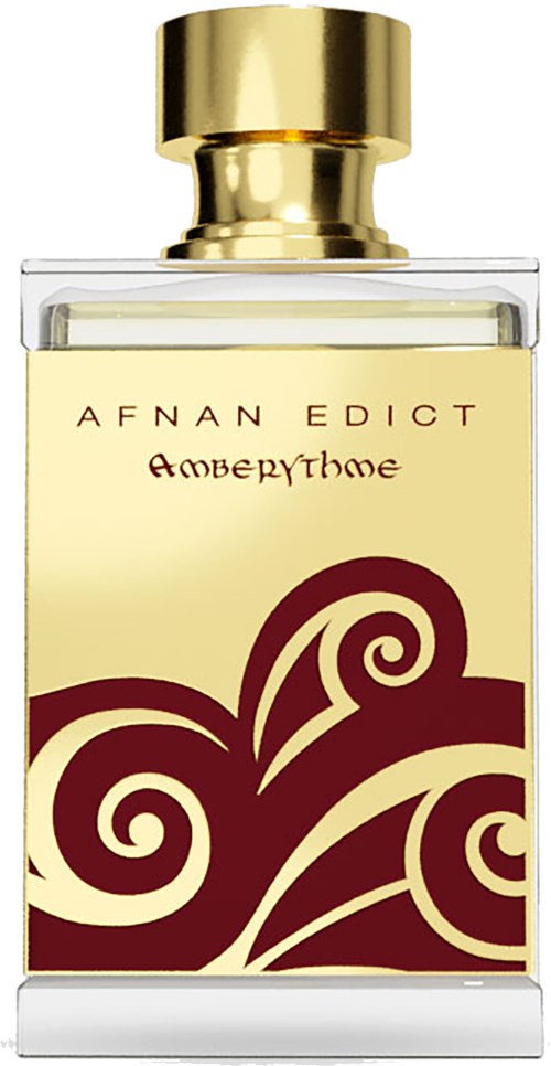 Een parfumfles met een gouden dop, crèmekleurig en bruin ontwerp, en tekst 'A FANAN EDICT Amberhome' op label.