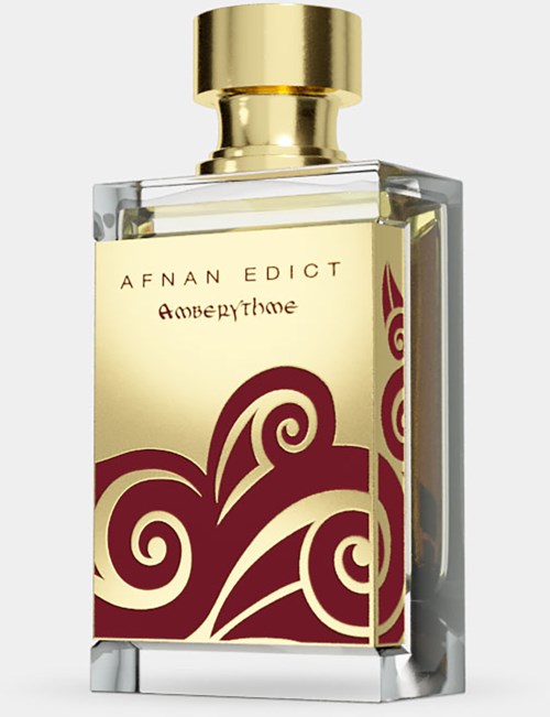 Een parfumfles met een gouden dop, doorzichtig lichaam en decoratieve spiraalontwerp, gemerkt 'AFNAN EDİCT'.