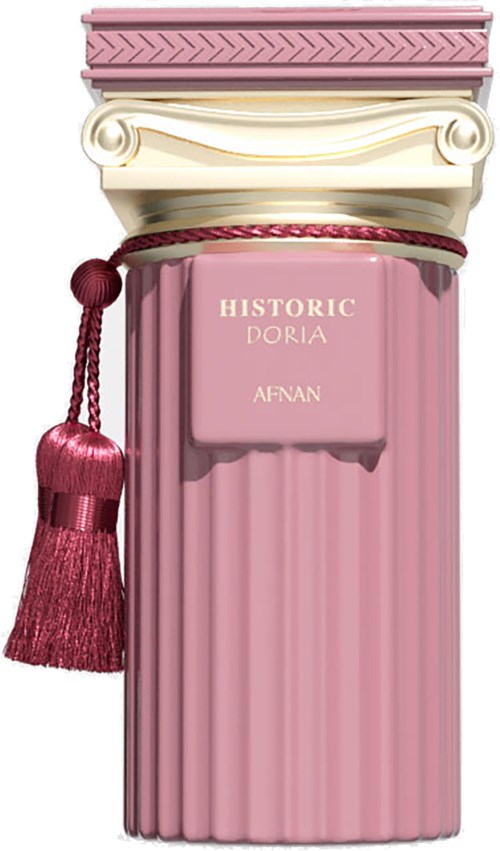 Een roze parfumfles met tassel en decoratieve top, gelabeld 'HISTORIC DORIA AFNA.'
