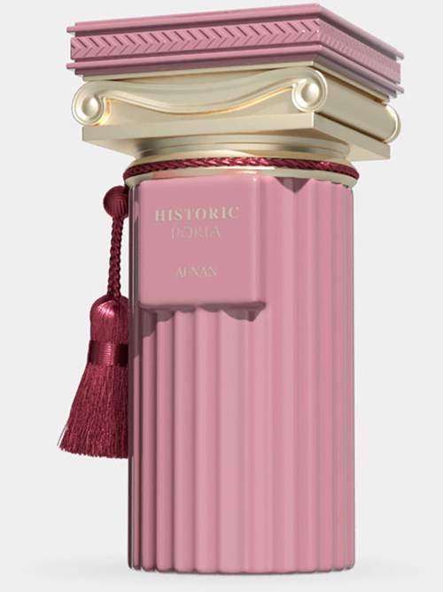Een roze pilaar met klassieke stijl, bekroond met een decoratief rechthoekig deel, een crèmekleurige band en een roze kwast.