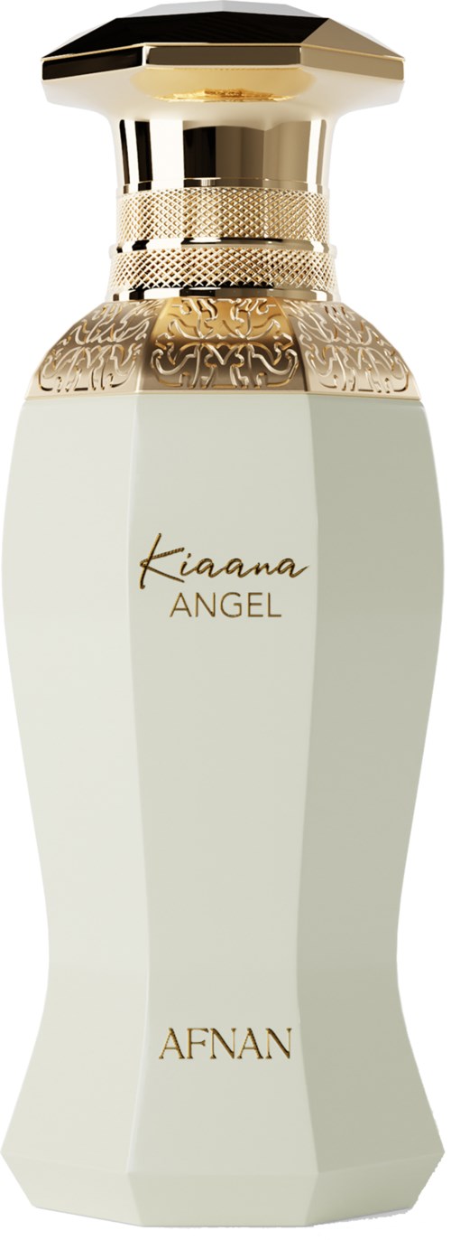 Een parfumfles met goud en wit ontwerp, gelabeld 'Kiana Angel' en 'AFNAN.'
