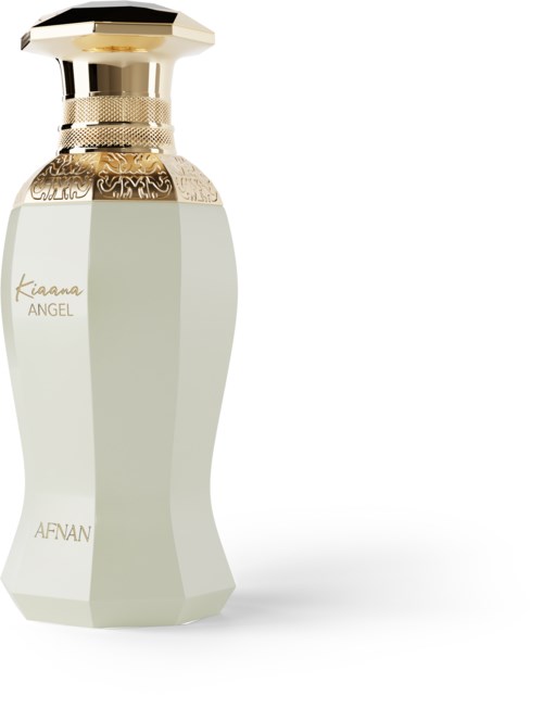 Een parfumbidon met een lichte basis, gouden dop en elegante label met 'Kiana Angel.'