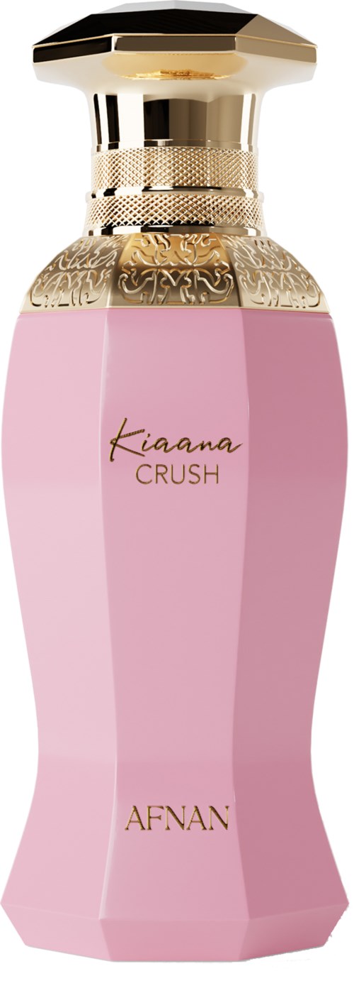 Een roze parfumfles met een gouden dop en decoratief lint, gelabeld 'Kiaana Crush' en 'AFNAN'.