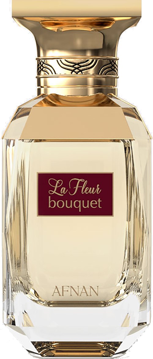 Een luxe parfumfles met gouden accenten, gelabeld 'La Fleur bouquet,' doorzichtig glas met lichte parfum.