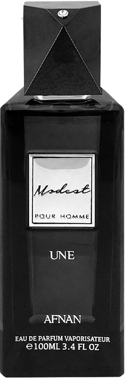 En svart parfymeflaske med svart lokk, merket Modeste Pour Homme, Eau de Parfum, 100 ml.