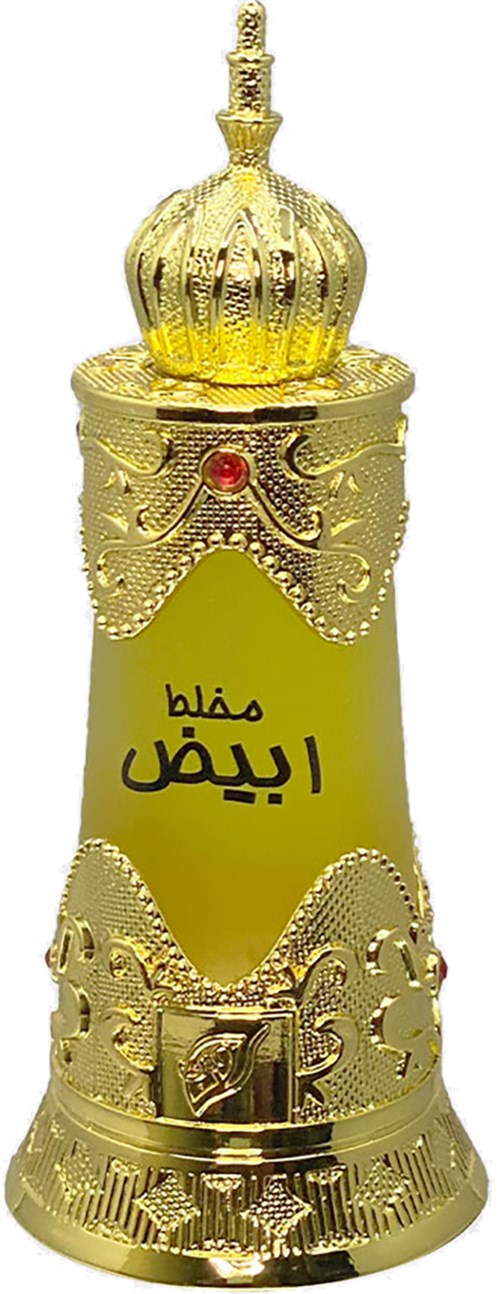 Koristeellinen keltainen pullo, jonka päällä on kultaisia koristeita ja arabialainen teksti, ja päästä kultaiseen kruunukantaan.