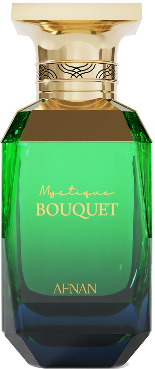 Een groen parfumflesje met gouden en zwarte details, gemerkt "Mystique Bouquet" en "AFNAN".