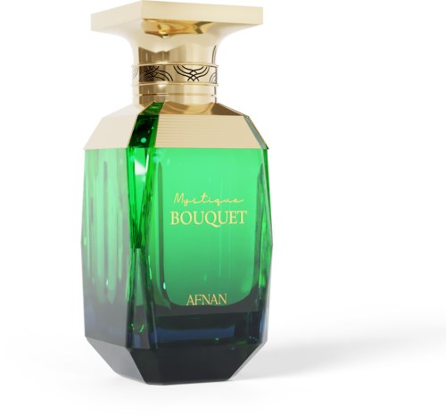 Een parfumfles met groen verloop, gouden dop en de woorden "Mystique BOUQUET AFAN" erop.