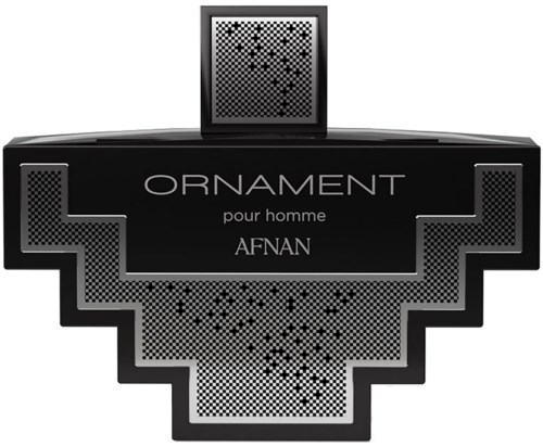 En svart parfymeflaske merket "ORNAMENT pour homme AFNAN" med geometrisk design og trapp-lignende former.