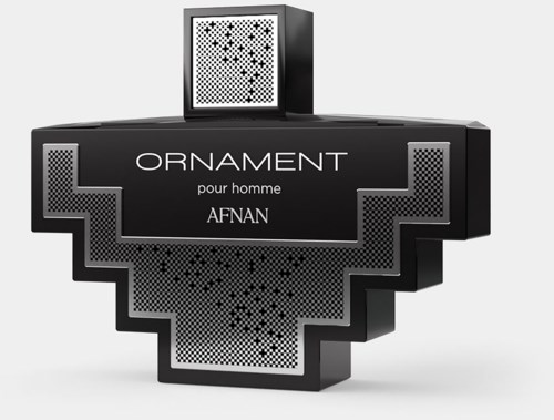 Svart emballasjeboks med pikselaktig design og hvit tekst, merket "ORNAMENT pour homme AFNAN."